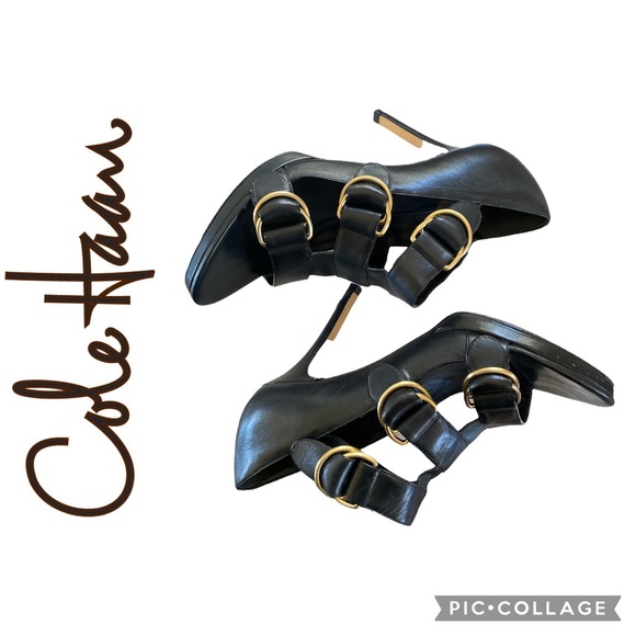 Cole Haan Open Toe Leather Buckle Heels - Picture 3 of 10